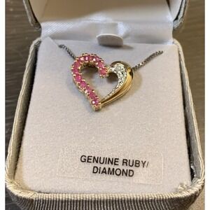 Gold Vermeil .925 Ruby & Diamond Heart Pendant Necklace w/18" Chain